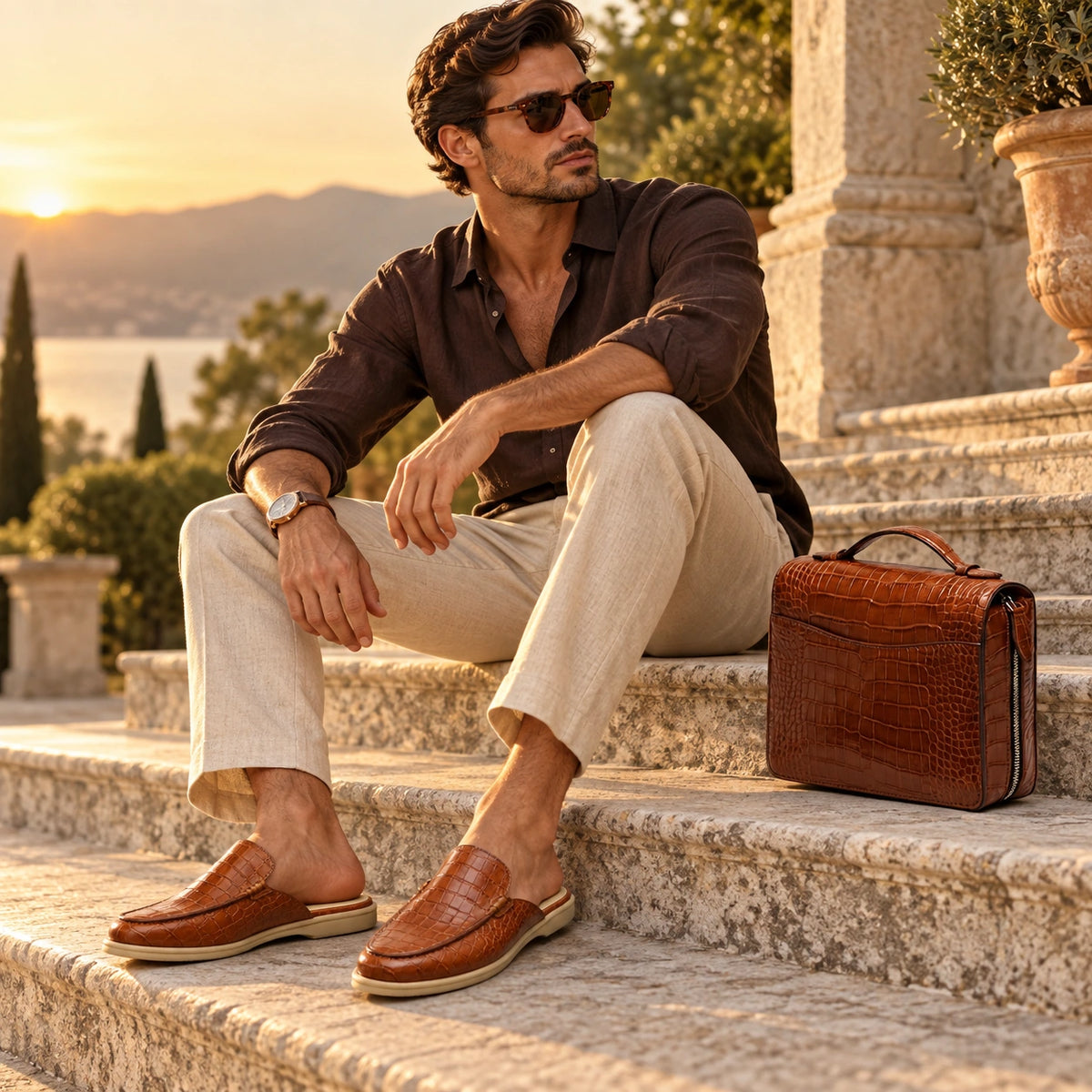 A man sits on outdoor stone steps at sunset wearing a dark brown button-up shirt, beige trousers, brown leather loafers, and sunglasses, with a matching brown crocodile-embossed briefcase beside him.
