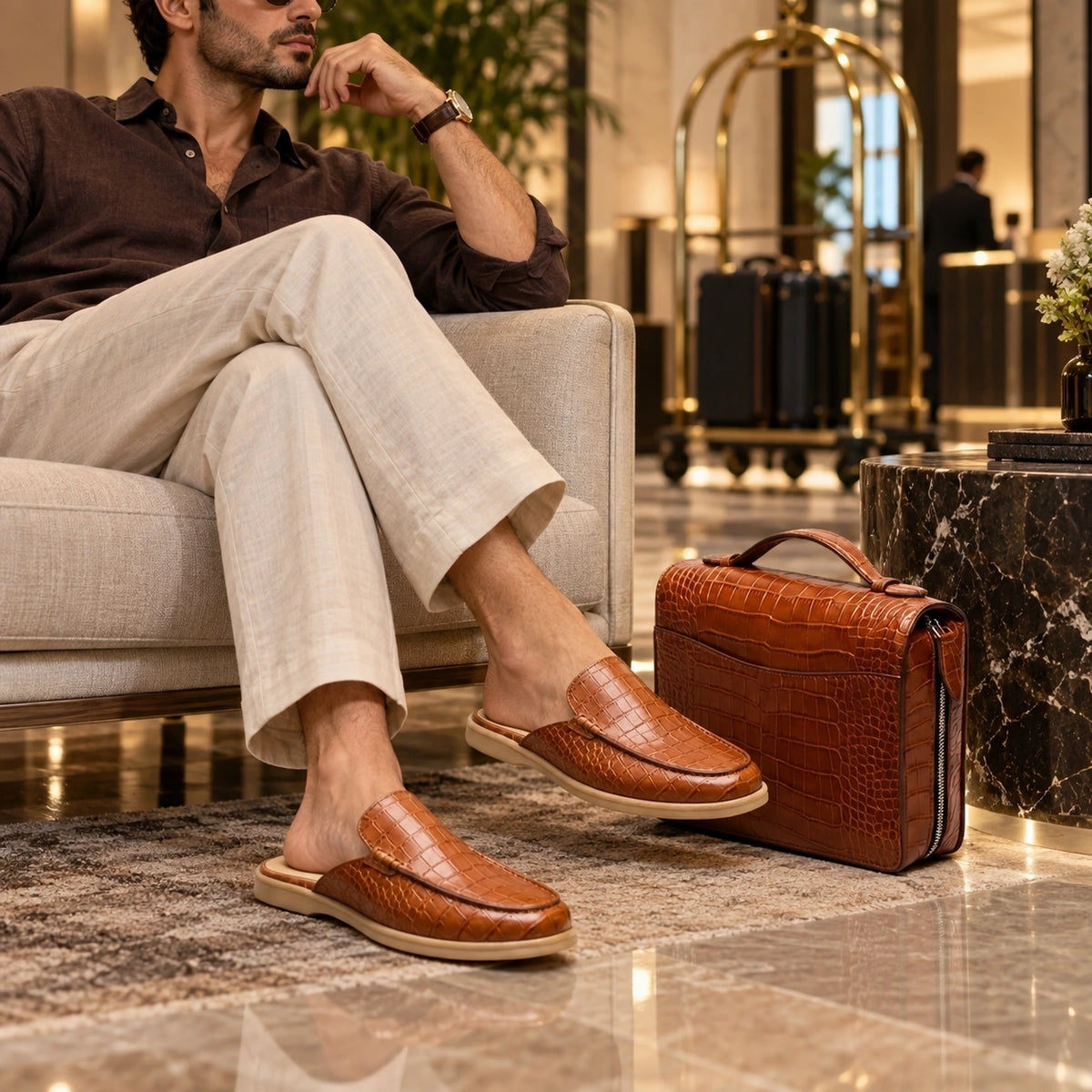 A man sits on a light beige sofa in a luxury lobby, wearing brown croc-embossed leather slip-on loafers. A matching brown croc-embossed briefcase sits on the marble floor beside him.