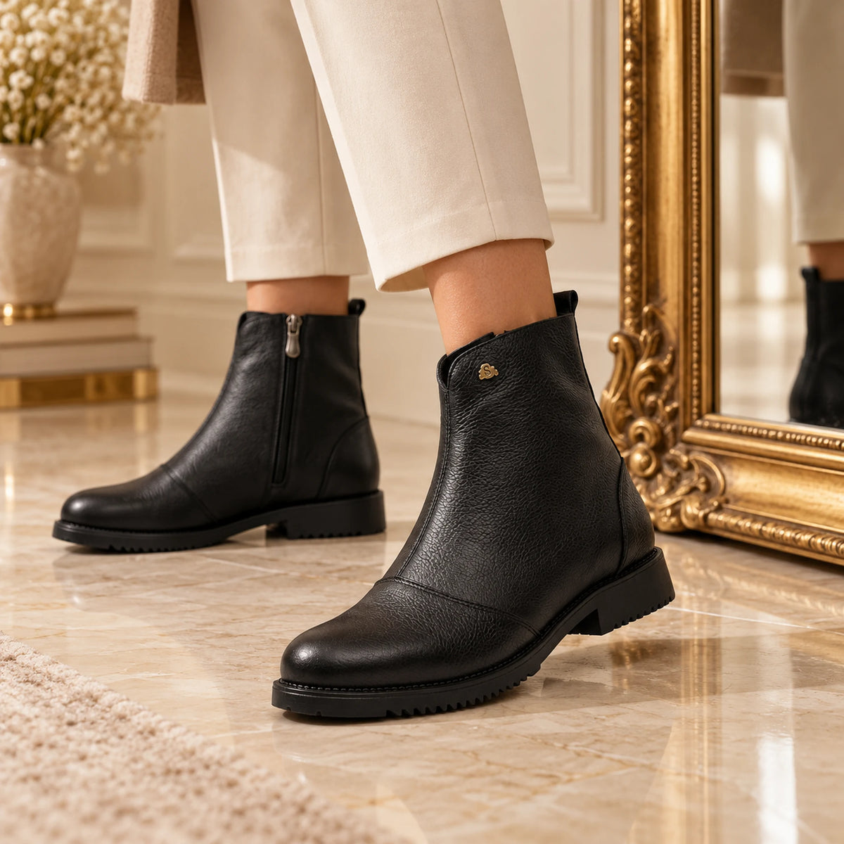 Shoppingooo 1042 Black Genuine Leather Women's Ankle Boot Lifestyle 2