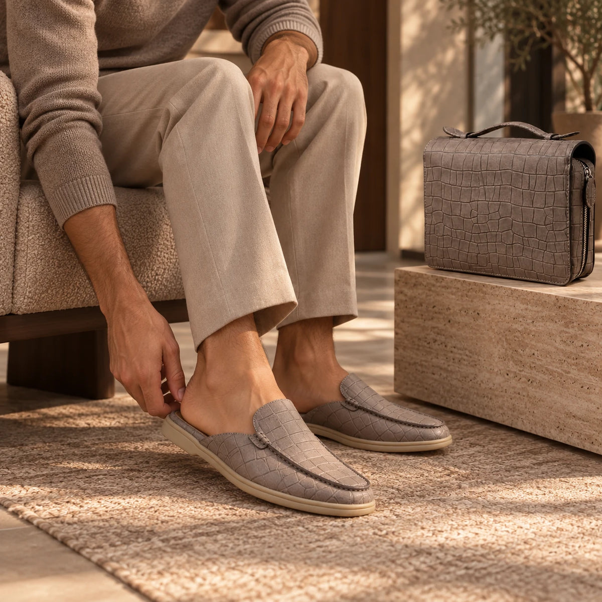 A man wearing a beige sweater and light beige trousers sits on a textured sofa, putting on a gray crocodile-embossed slip-on loafer. A matching gray crocodile-embossed travel pouch is resting on a stone block next to him.