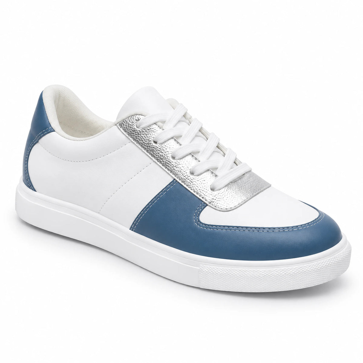 A low-top sneaker featuring a white leather upper with blue leather side panels and a metallic silver leather toe cap and lace guard, set against a plain white background.