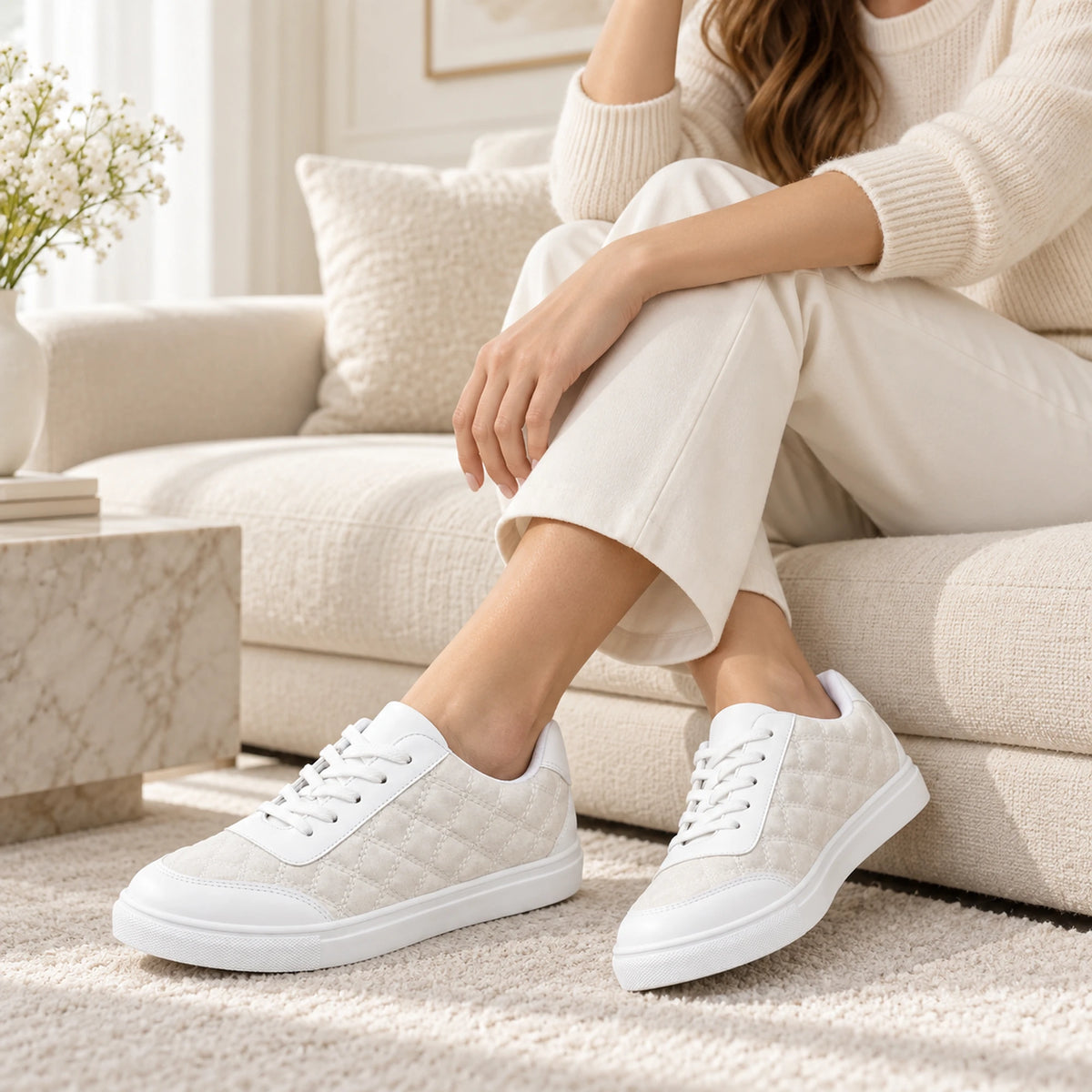 White quilted sneaker studio shot 2
