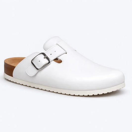 White clog shoe with a brown insole on a light gray background